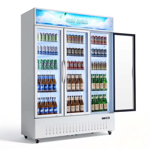 Image of VEVOR Commercial Merchandiser Refrigerator, 36.4 Cu.Ft / 1030L Upright Beverage Cooler, 3 Glass Door Display Refrigerator with Customizable Lightbox, 12 Adjustable Shelves, Soft LED Lighting & Casters