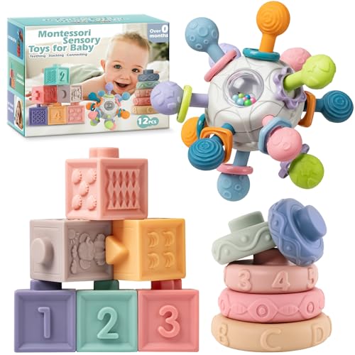 Image of SpringFlower 3 in 1 Montessori Toys for Babies 0-3-6-12 Months, Rattle Teether & Baby Blocks & Soft Stacking Rings, Sensory Developmental Education Toys,Gift for Toddler Baby 0-3-6-12-18 Months