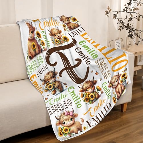 Image of Personalized Highland Cows Blanket with Name, Custom Cow Gifts for Boys Girls,Soft Flannel Throw Stuff Decoration,50 inchx60 inch for Teens