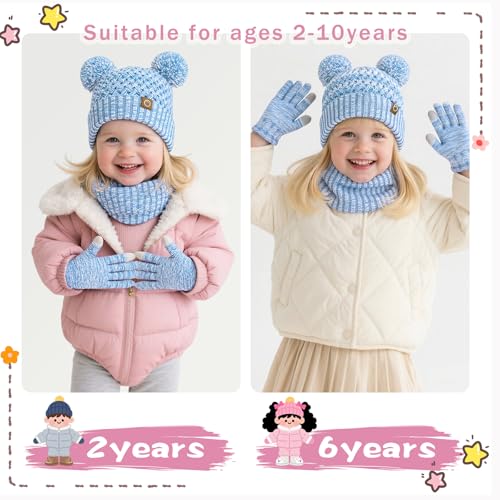 Image of Kids Winter Hat Gloves Scarf Set,Toddler Girls Winter Hat Kids Beanie with Pom Neck Warmer Gaiter Mittens Fleece Lined Set