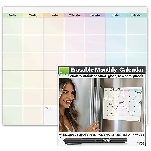 Image of M.C. Squares Dry Erase Monthly Calendar | Erasable White Board Cling to Stainless Steel Fridge, Glass Window, Mirror, Cabinets | Home, Office, School | with Wet Erase Marker | 13.5” x 12” | USA Made
