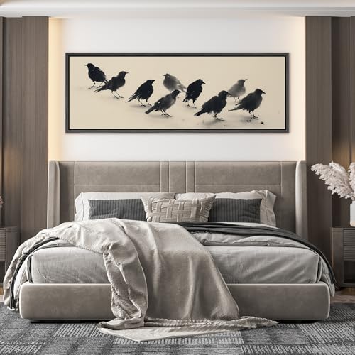 Image of MUDECOR Large Framed Canvas Print Wall Art Minimalist Black Crow Flock Ink Style Neutral Antique Retro Ready to Hang Painting for Living Room Bedroom Multi-Sizes - 60 inchx20 inch