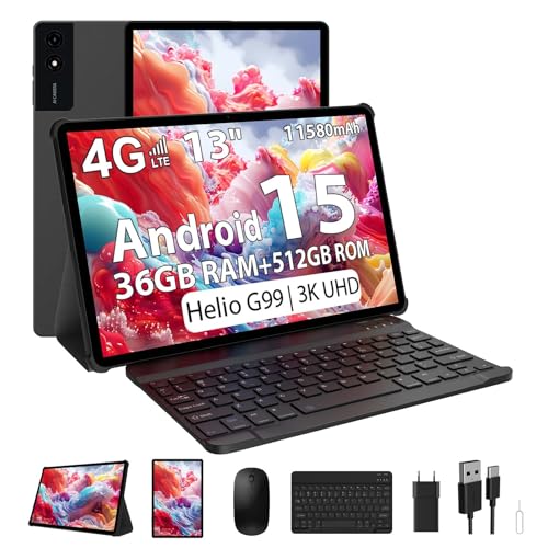 PIXGOOD 3K Tablet 13 pollici con Android 15, 36GB RAM, 512GB ROM (Estensione 2TB), 4G Lte丨5G WiFi, 2940 * 1840UHD, 11580mAh, G99 2.2GHz, 13MP+8MP, Tablet in offerta con Tastiera丨GPS丨4 Speakers (Nero)
