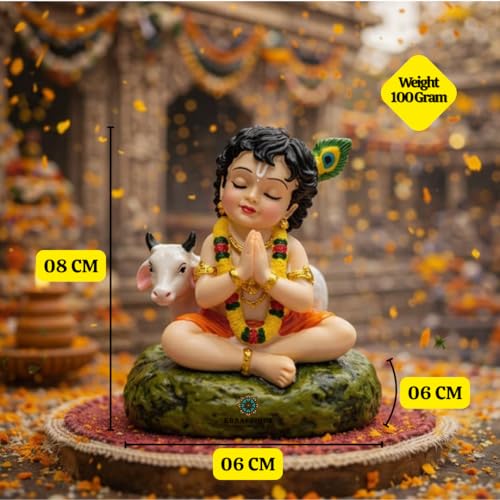 Image of Laddu Gopal Idol with Cow, Resin Bal Krishna Murti for Car Dashboard, Home Temple, Office Desk & Pooja Room, Krishna Statue for Janmashtami, Housewarming & Spiritual Gift, 8 cm