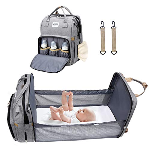 Baby Bag Backpack with Diaper Changing Station Stroller Straps Travel Mummy Backbag with Portable Nappy Bassinet Boy Girl (Gray)