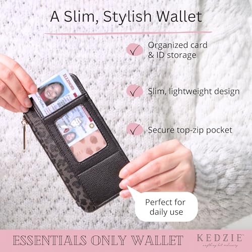 Image of KEDZIE Essentials Only Women's Zippered Wallet in Vegan Leather Small Card Holder Wallet Exterior ID Window - Feline Cute