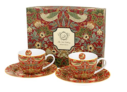 Duo EIN Satz von 2 Porzellan-Espressotasse mit Untertasse, Strawberry Thief RED by William Morris in Geschenkbox, Kaffeetasse, Füllmenge maximale 110 ml