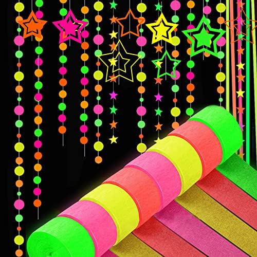 724 feet Paper UV Neon Garlands Kit Glow Crepe Paper Streamers Glow in The Dark Streamers Fluorescent Neon Crepe Paper Neon Blacklight Reactive Party Supplies and Decorations for Wedding Birthday