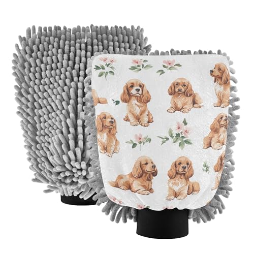 Cartoon Cute Cocker Spaniel Dogs White Microfiber Mitt for Cars 11.8'' Cars Washing Mitts Scratch Free Cleaning Mitten for Auto Supplies