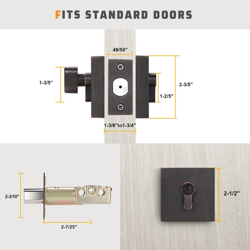 KNOBWELL 3 Pack Square Single Keyed Deadbolts Keyed Alike, Oil Rubbed
