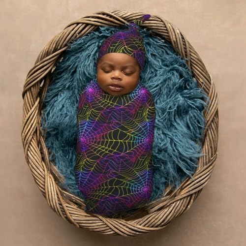 Image of Neon Spiderweb Newborn Swaddle Blankets Hat Sets Soft Baby Receiving Blanket Swaddle Sack for Baby Shower Infant Boy Girl Gift