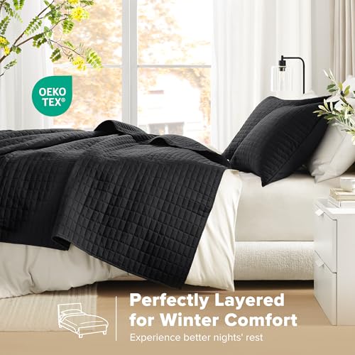 Comfort Spaces Kienna Quilt Set- Double Sided Stitching Design Summer Blanket, Lightweight, Soft, All Season Bedding Layer, Matching Sham, Black, Coverlet King (104"x90") 3 Piece