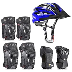 JBM 7 Pieces Protective Gear Set – Bike Helmet for Adult Knee&Elbow Pads and Wrist Guards, Adjustable Cycling Helmet with Visor Safety Pad Set Outdoor Sports Protective Gear Set (Black & Blue, Adult)