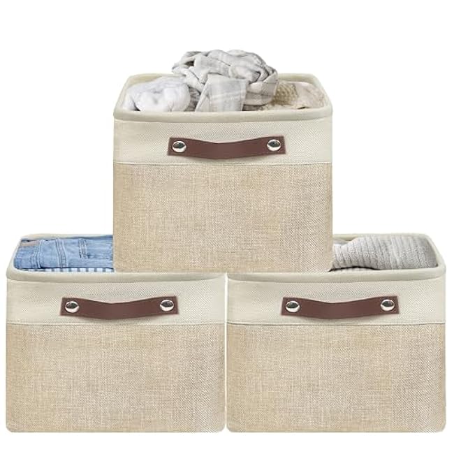 SIMPLE HOUSEWARE Large Fabric Storage Bin, 15 x 11 with Leather Like Handles, 3 Pack, Beige