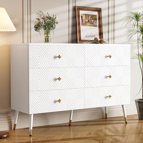 ChouTangYu Cómoda moderna con 6 cajones, 120 x 40 x 80 cm, con asas doradas y patas de metal, diseño geométrico, para dormitorio y sala de estar