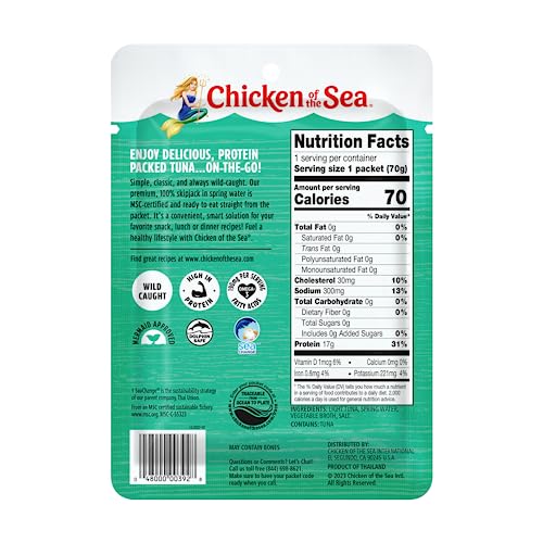Image of Chicken of the Sea Wild Caught Light Tuna in Spring Water, 2.5 Ounce Packets, 12-Count - High Protein 100% Skipjack Tuna in Water - Easy, Delicious, Nutritious Ready to Eat Meals