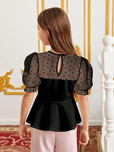 WDIRARA Girl's Sheer Mesh Short Puff Sleeve Blouse Heart Print Cute Ruffle Peplum Top2