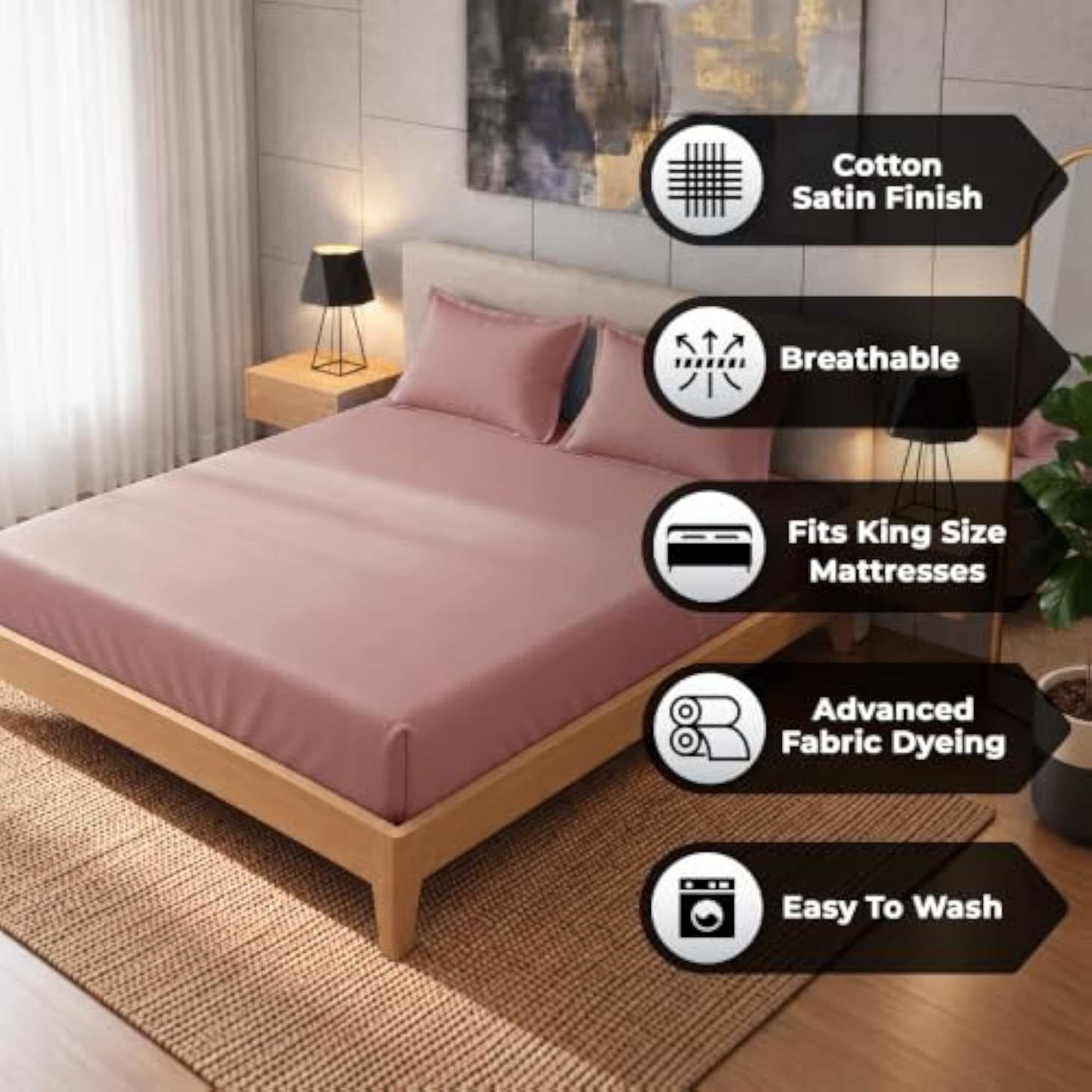Story@Home 300 TC Cotton King Fitted Bedsheet, Dusty Rose