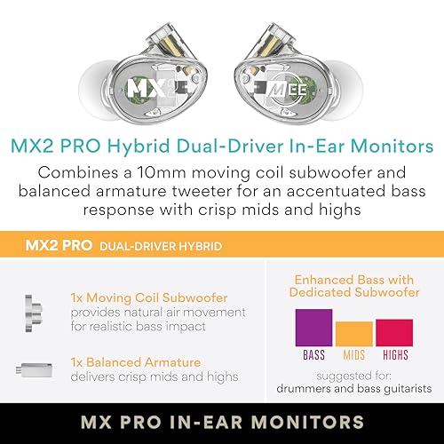 Image of MEE audio MX2 PRO Musicians' in-Ear Monitors Wired + Wireless Combo Pack: Includes MX2 PRO Dual-Driver Hybrid IEMs, 2 Cables, and Hi-Res Bluetooth Audio Adapter w /aptX, LDAC, & Headset (Clear)