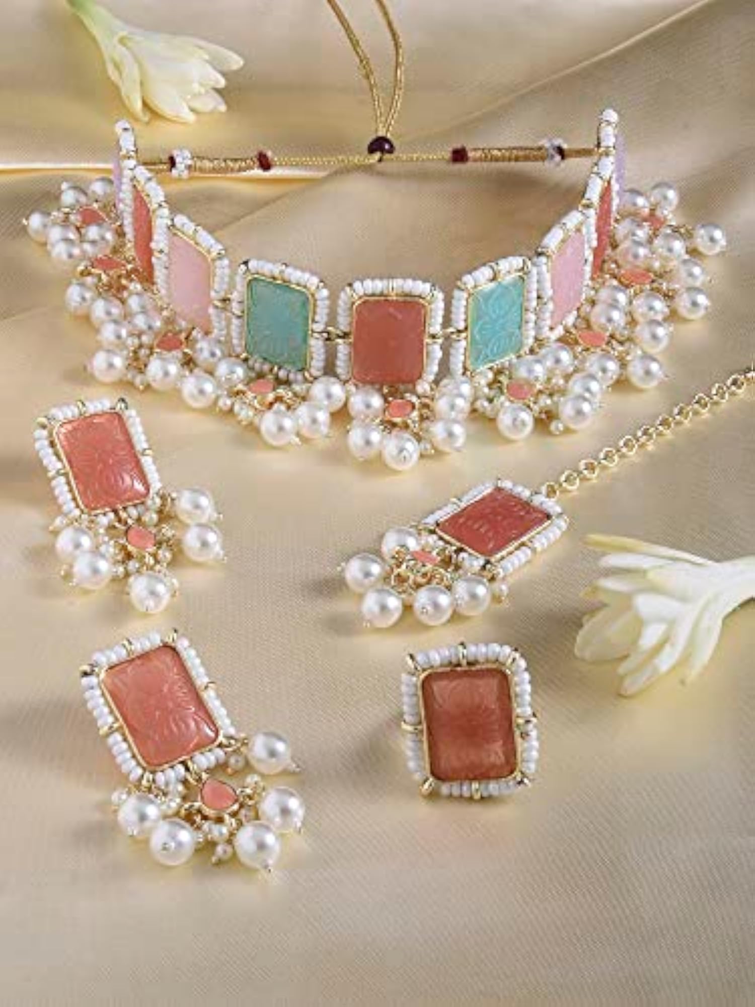 Women's Stones & Necklace Earring Ring & Maangtikka Set