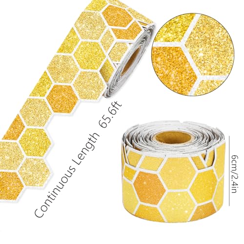 Image of Whaline 65.6 Ft Summer Bulletin Board Border Glitter Yellow Honeycomb Die Cut Trim Border Roll for Back to School Bee Day Home Party Supplies