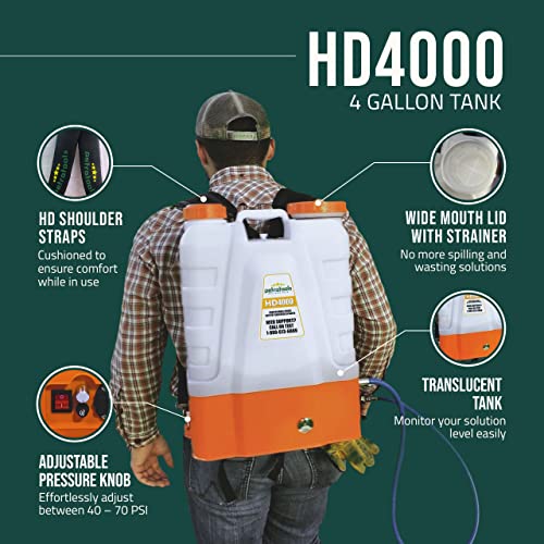 PetraTools 4 Gallon Battery Powered Backpack Sprayer (HD4000) – Extended Spray Time Long-Life Battery - New HD Wand Included, Wide Mouth Lid, Multiple Nozzles & Battery Included