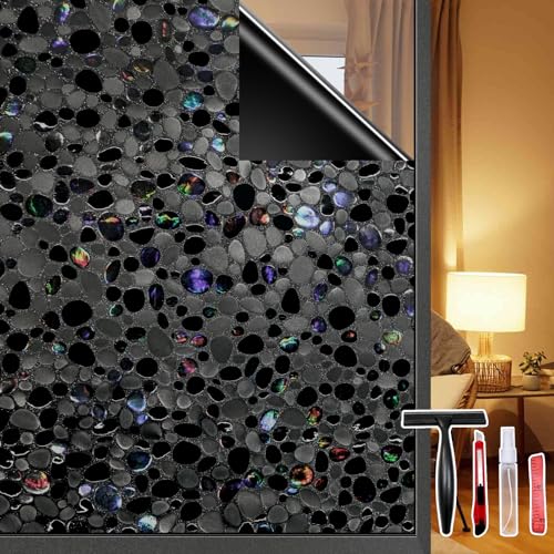 Total Blackout Window Film Privacy, 100% UV Blocking 17.5 x 78.7 Inches Dark Window Tint for Home Decorative Window Film Static Cling Heat Control Window Clings for Bathroom, 3D Pebble Pattern, Black