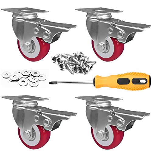 ABSLIMUS 2 inch Casters Load 800lbs, Set of 4 with Brake, Advanced Polyurethane (PU) Floor Protection, Noise-Free 360 Degree Swivel Plate, Set of 4 (Includes Complete Screws Sets with Accessories)
