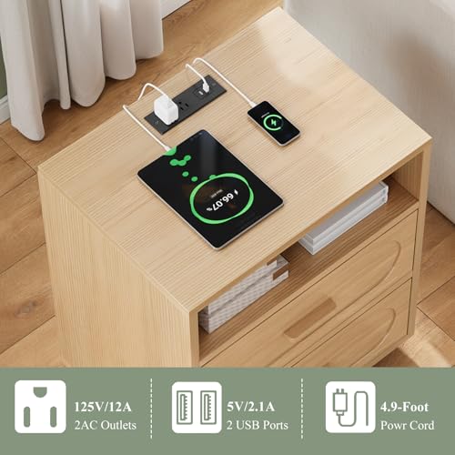 Image of 3 Pieces Bedroom Set, Queen Size Bed Frame with Storage Headboard, 2 Nightstands with Charging Station, Natural Oak