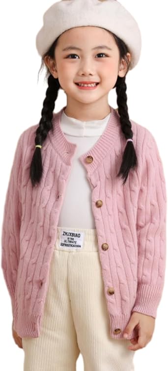 Aecsoc YRT19 Childrens Clothing, 100% Wool Knit Cardigan, Crew Neck, Long Sleeve, Simple 7 Pin Thick, Cable Knit, Sweater, For Boys and Girls