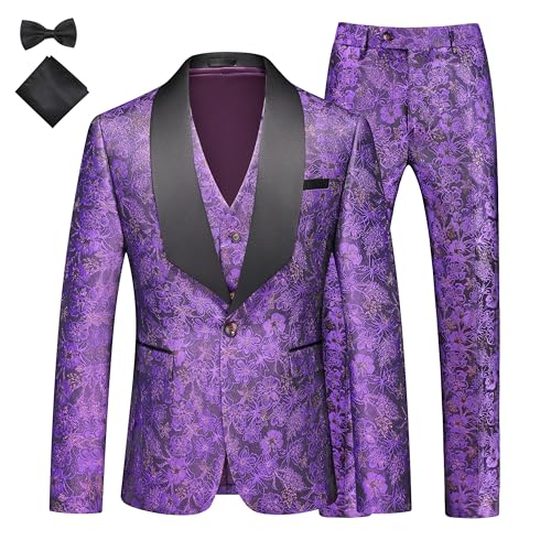 MOGU Mens 3 Piece Floral Print Dress Suit Slim Fit Jacquard Tuxedo Wedding Party Dinner