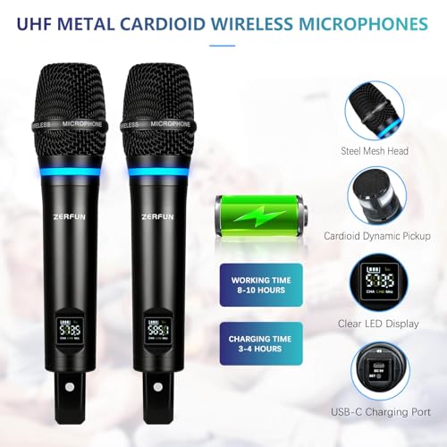 Image of 2 Channel Rechargeable Wireless Microphone System, Pro UHF Metal Handheld Wireless Microphones Cordless Mics with Mini Receiver, Channel Control for Karaoke Singing Church