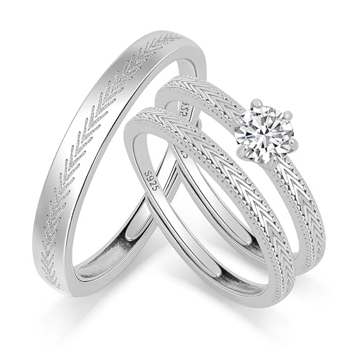 Meissa Alianzas Anillos de Compromiso para Pareja Juego de 3 Plata de Ley 925 Mujer 2mm con & sin Circonita 0,28ct + Hombre 3mm Ajustables Regalo Boda Promesa Aniversario (Grabado)