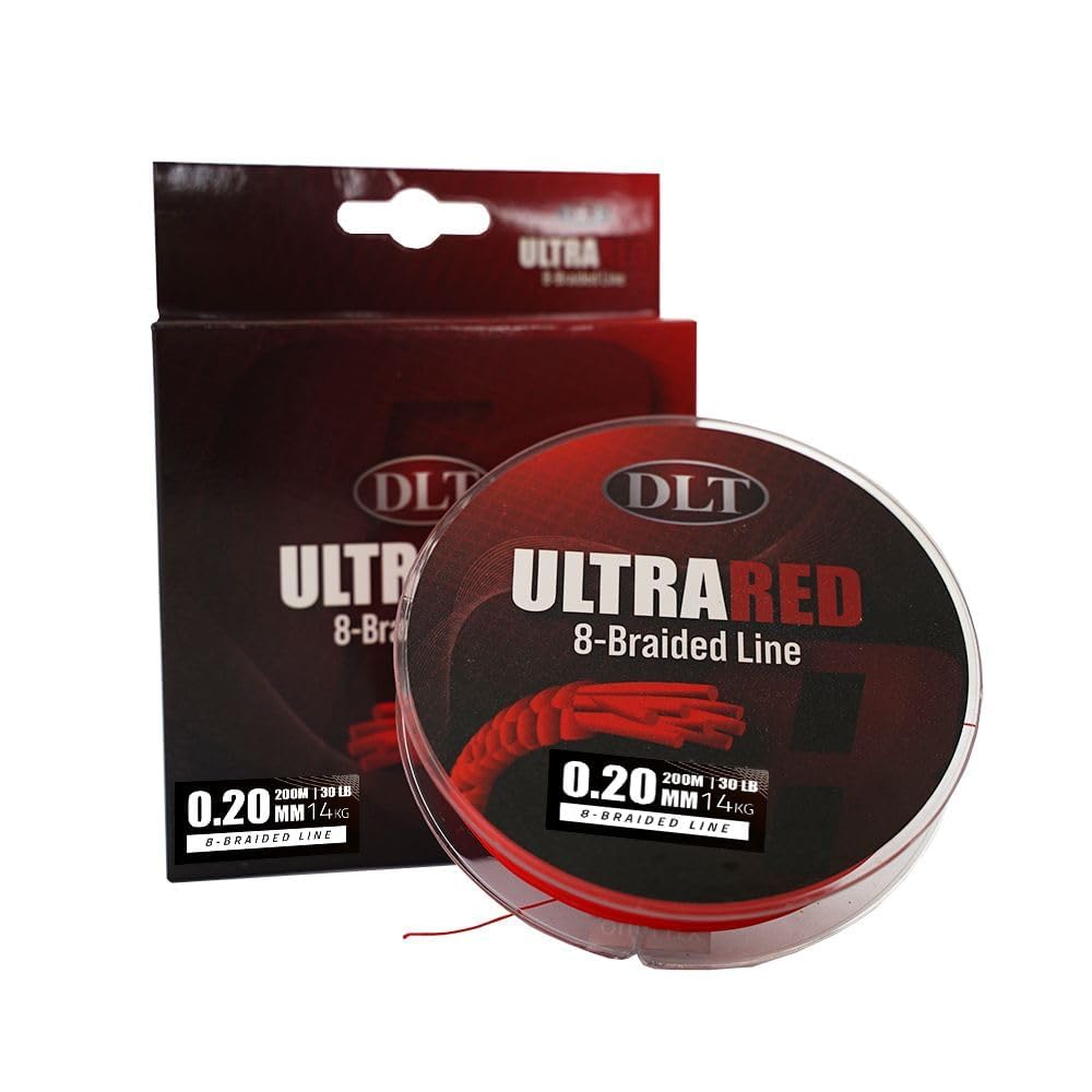 DLT Línea de pesca trenzada UltraRed-8 200m - Suave, Suave y sin estiramiento - Mejoras características de lanzamiento y acción subacuática - Microrevestimiento para repelente al agua - De 8 hebras