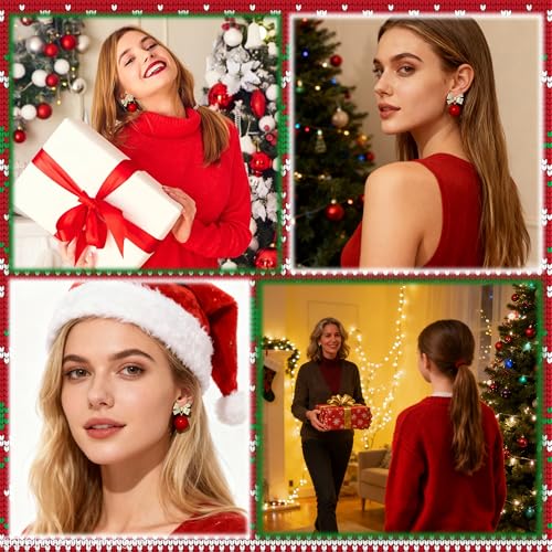 image for HUASAI Christmas Bow Earrings for Women Trendy Rhinestone Bow Pearl Da