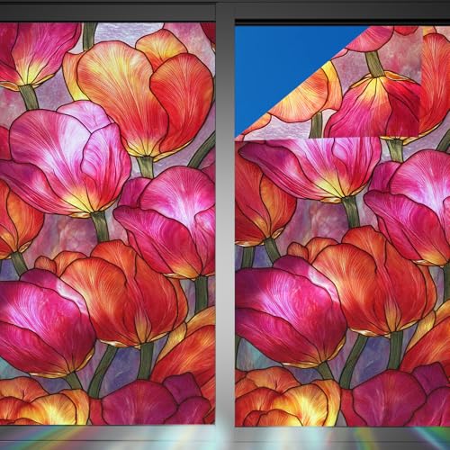 Image of Nuxovilar Gothic Rainbow Pink Tulip Pattern Window Film 17.5x39.3 PVC | Pink Tulip, Gothic Cling spring flower sticker, rainbow glass wrap for bedroom living room dining area (Pink Tulip)
