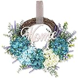 KINBEDY Wreaths for Front Door, 18" Wreath Artificial Blue Hydrangea Eucalyptus, Spring Summer Blue