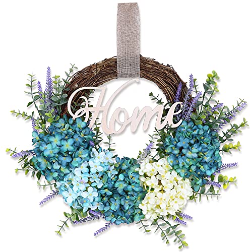 Kinbedy Wreaths For Front Door, 18" Wreath Artificial Blue Hydrangea Eucalyptus, Spring Summer Blue Wreath For Home Porch Farmhouse Door Window Party Decoration #TOP24
