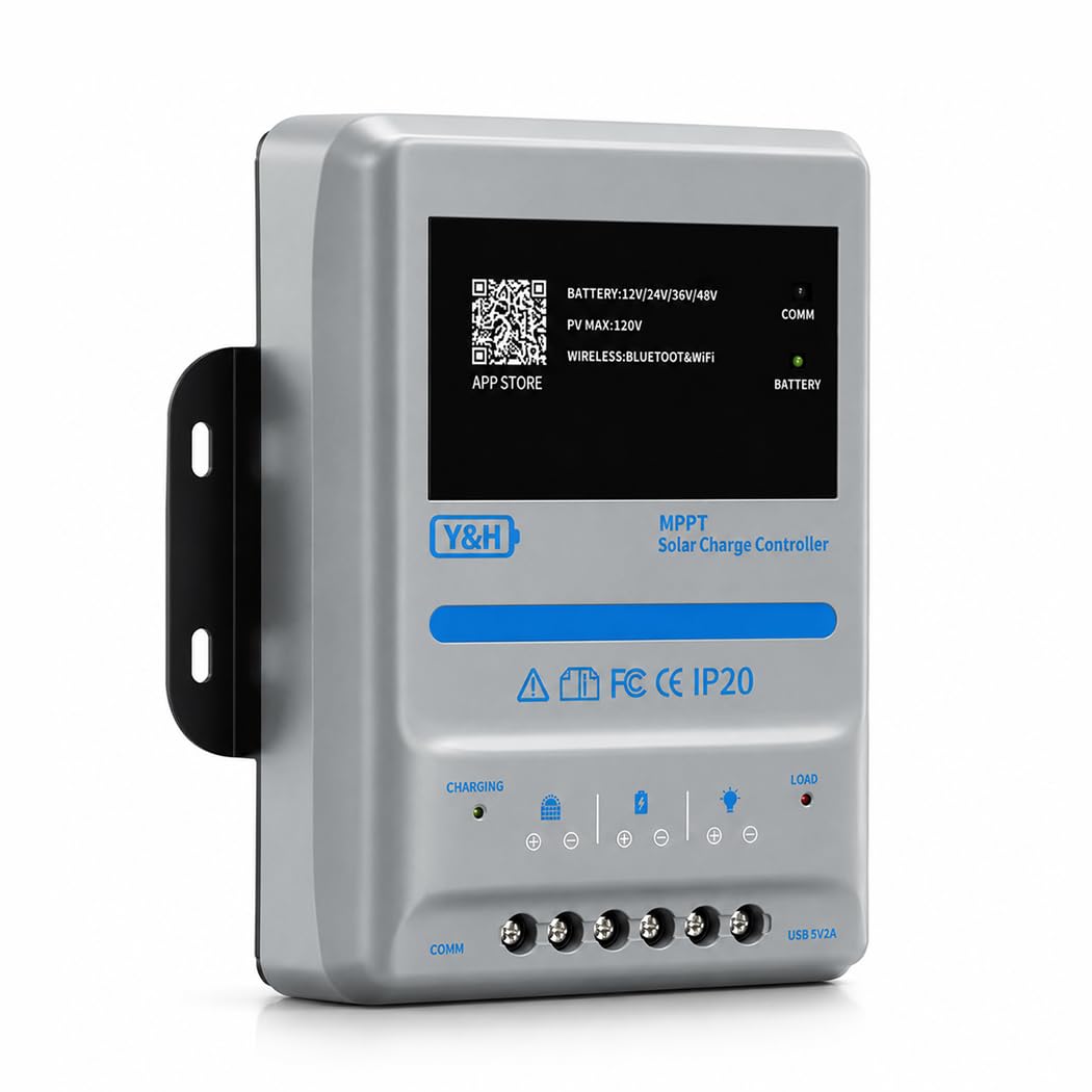 Y&H Regulator ładowania solarnego 45 A MPPT 12/24/36/48 V, do 2160 W PV, < 120 V Voc, Bluetooth i WLAN, do akumulatorów LiFePO4, litowych i ołowiowych