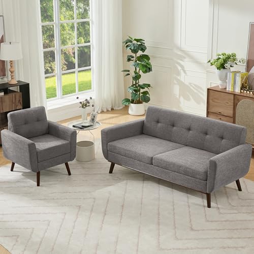 Image of Kingfun Living Room Furniture Sets, Standard & Accent Chair, Mid Century Modern Decor Sofa Couches, Button Tufted Upholstered Furniture, Gray | linen fabric