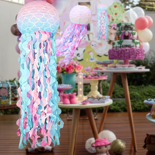 Image of WP WANNA PARTY Mermaid Jellyfish Lantern - Mermaid Lantern Decorations for Mermaid Theme Birthday Decoration, Under The Sea Theme, Baby Shower, Ocean & Beach Room Hanging Decor, Multicolor