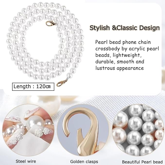 Image of KHOLAD White Bow Phone Chain Crossbody Pearl Strap | 2in1 Wrist & Shouler Crossbody Lanyard | Pearl Beads Charms Chain with Phone Tether Patches | Compatible with Most Phones, Bag, Purse