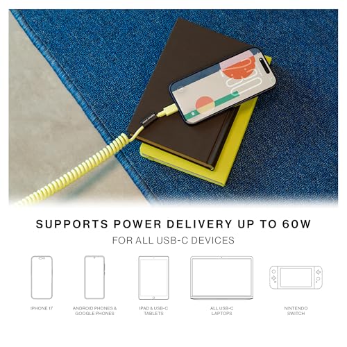 Image of Native Union USB-C Pop Cable XL - Coiled Extendable - 7.9ft Ultra-Strong Charging Cable Compatible with iPhone Air, 17e, 17 Pro Max, iPad Pro M5, Galaxy S26, Fold 7 (Lemon)