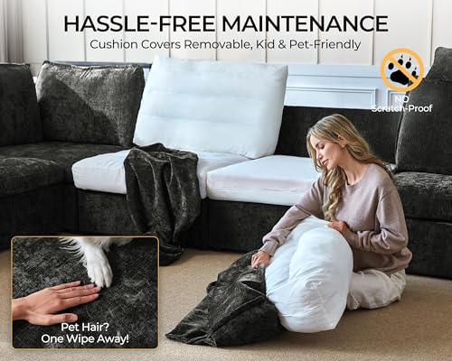 Image of 124.8'' Oversized Modular Sofa Comfy Cloud Couch with Storage Wide L-Shaped Sectional Sofa Set with Chaise for Living Room, Covers Washable, 4-Seater with Ottoman, Chenille, Black