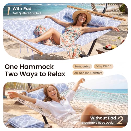 Image of Everyfun 2 Person Hammock with Stand, Heavy Duty Double Cotton Rope Hammock with Removable Quilted Pad & Pillow, 500 LBS Adjustable Steel Frame, Tool-Free, Carry Bag for Outside Patio Yard, White-Gray