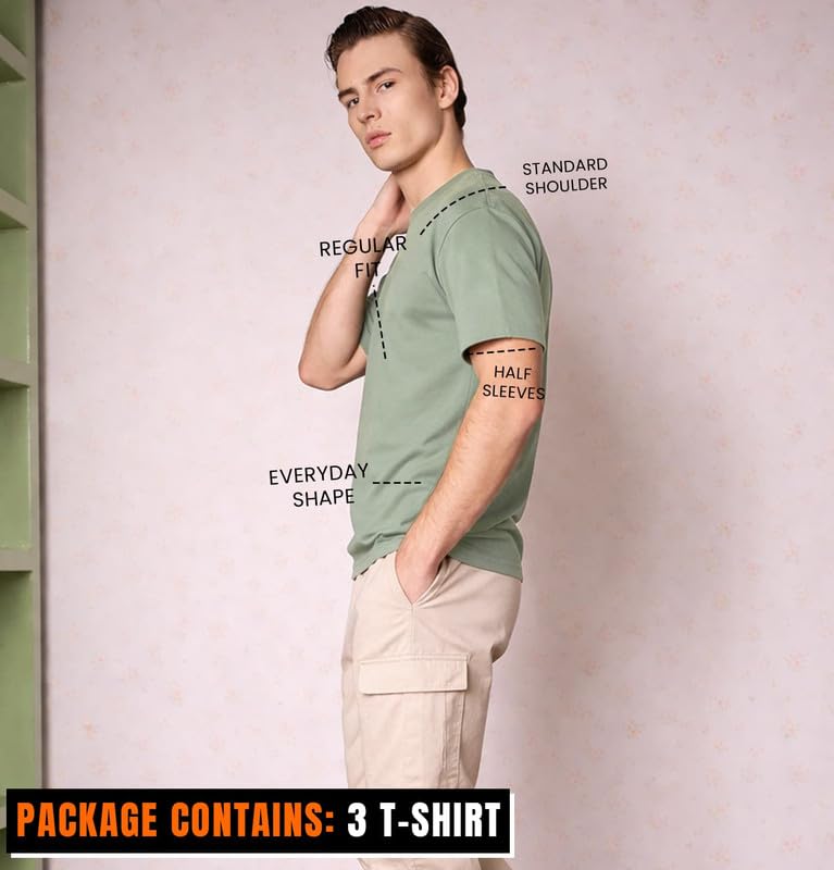 Image of Sleepynuts Half Sleeve Round Neck 100% Cotton Tshirt for Mens Pack of 3 Regular Fit Solid T-Shirts Combo