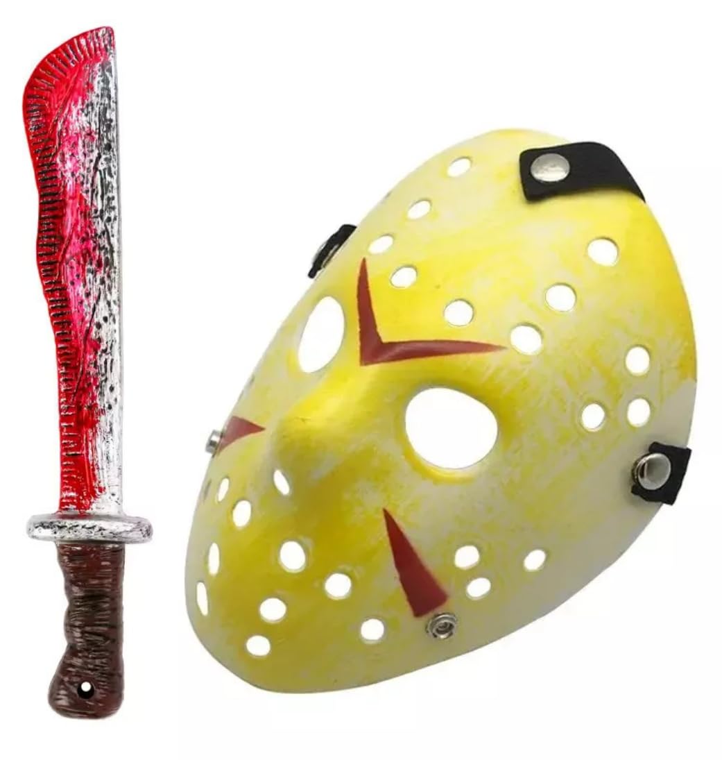 Boolavard Cosplay Machete Costume Halloween Horror Movie Hockey Mask for Adult Scary Halloween Party (Yellow)