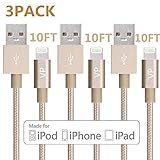 Lightning Cable, VP 3Pack 10 FT iPhone Charger Cord nylon braided for Apple iphone SE, iPhone 7, 6s, 6s Plus, 6 Plus, 6, 5s 5c 5, iPad Mini, Air, iPad 6, iPod (3Pack 10FT Golden)