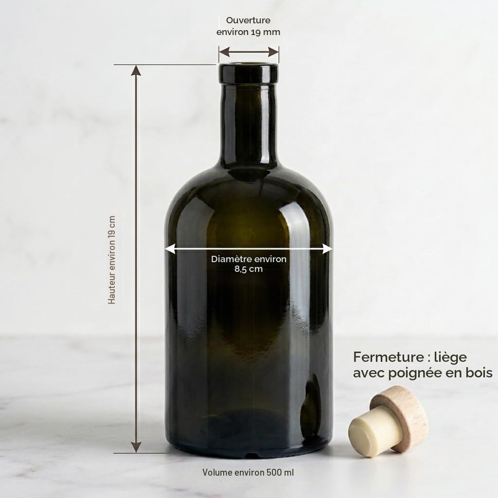 gouveo Lot de 12 bouteilles en verre 500 ml classic antique avec bouchons (HGK) - bouteille vide 0,5 l en verre à remplir - bouteille en verre pour liqueur, gin, huile, vinaigre (KFA500HGK)