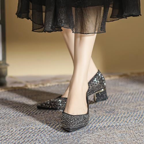 Women's Pointed Toe Block Heels Pumps,Chunky Low Heels Closed Toe Comfort Slip On Work Heels Sequins Dress Shoes Wide Feet Big Size3
